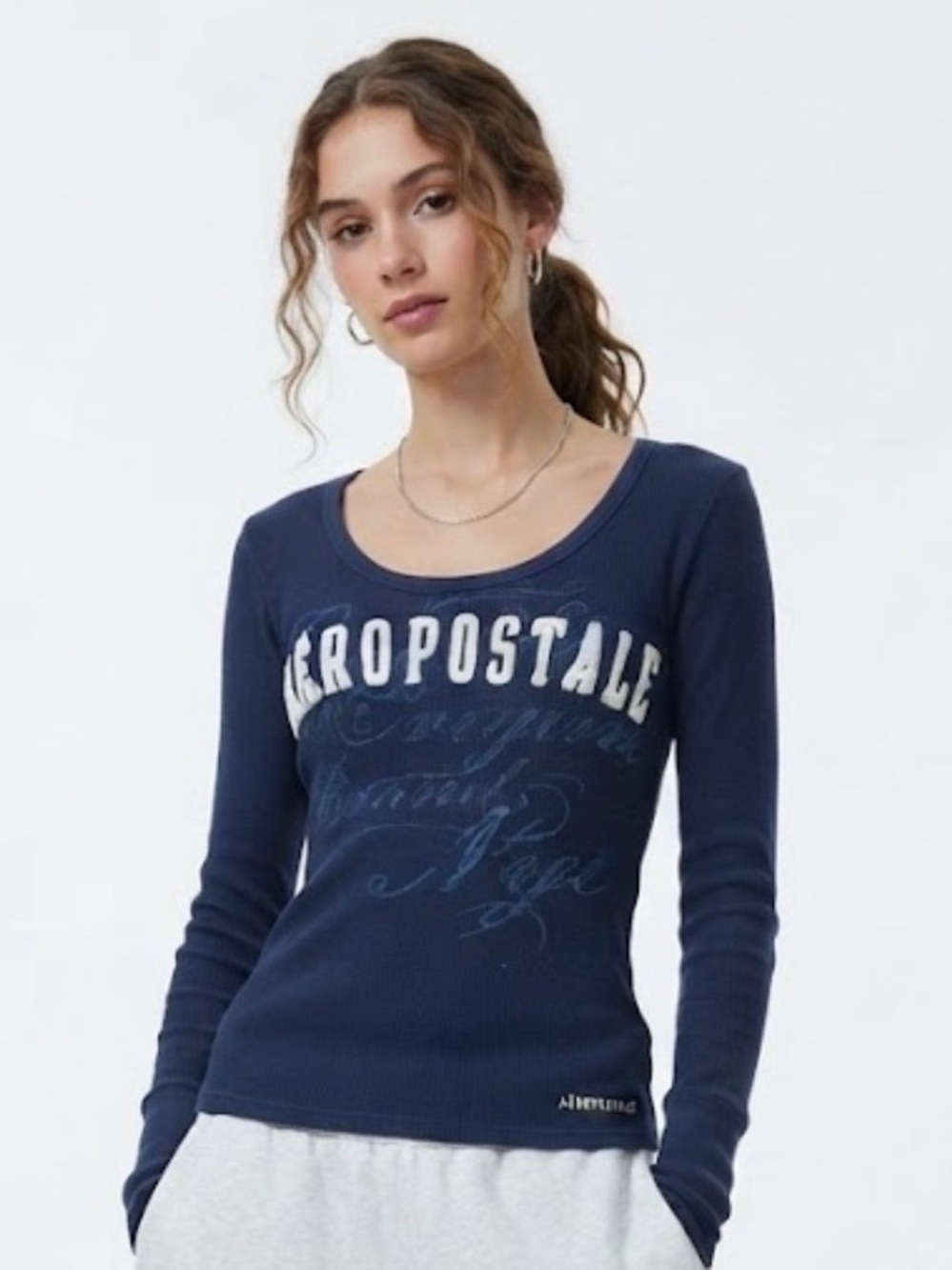 Vintage Y2K Aéropostale Navy Blue Waffle Knit Thermal Long Sleeve Top XL